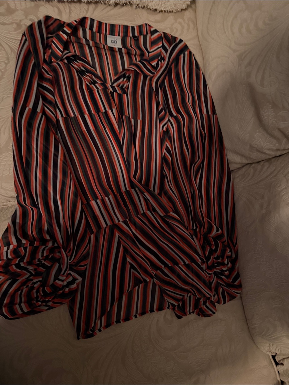 Cabi Striped V-Neck Blouse - Red, Black, White